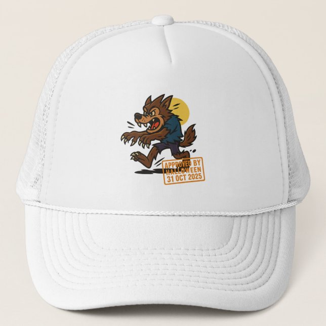 Cartoon Werewolf – Approved by Halloween Trucker Hat (Front)