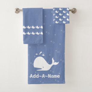 Cartoon Whale Add your name cornflower Blue Bath Towel Set