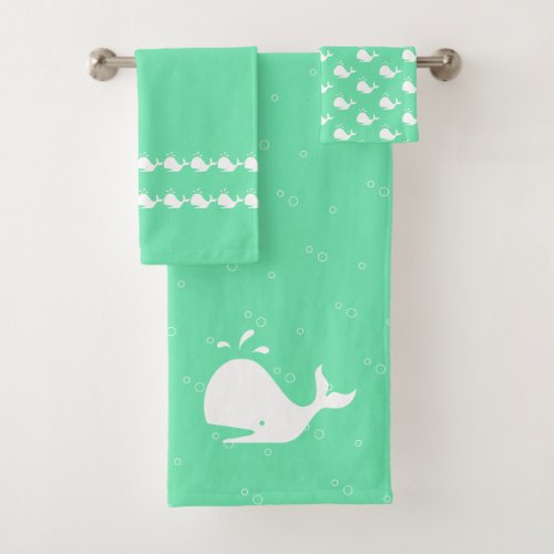 Cartoon Whale Aqua Marine Blue Green Bath Towel Set