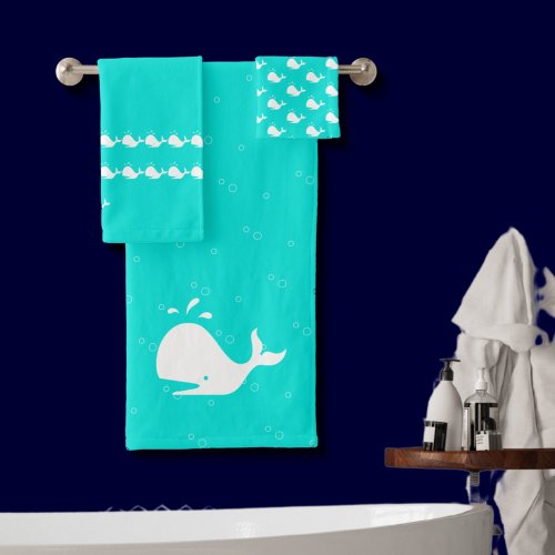 Cartoon Whale Aqua Teal Blue Bath Towel Set