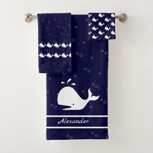 Cartoon Whale Ocean Navy Blue white  Bath Towel Set