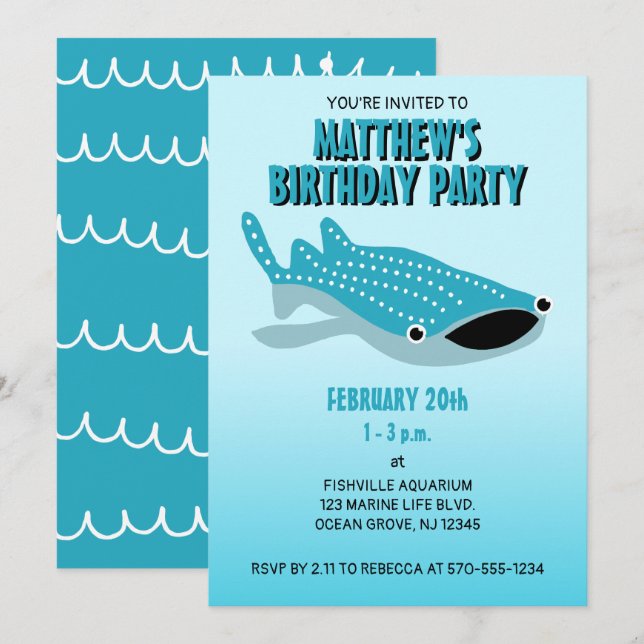 Cartoon Whale Shark Cute Blue Ocean Birthday Invitation (Front/Back)