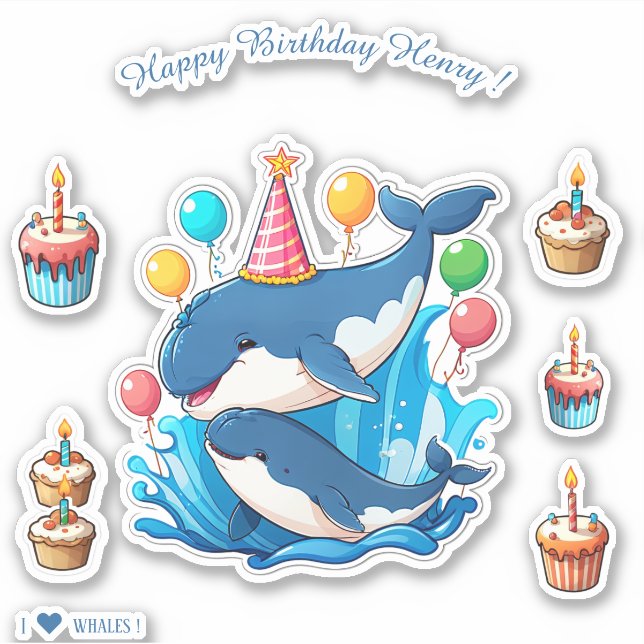 Cartoon Whales - Happy Birthday Personalized Sticker (Front)
