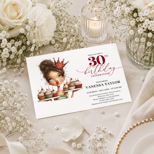 Cartoon Whimsical Woman 30th Birthday Marsala Part Invitation