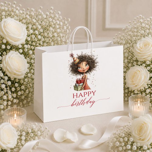 Cartoon Whimsical Woman Deep Red Script gift bag
