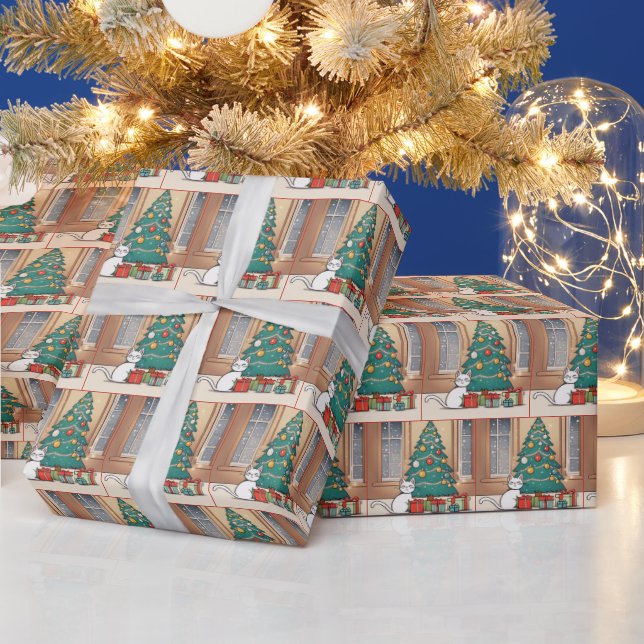 Cartoon White Cat By Christmas Tree Wrapping Paper (Holidays)