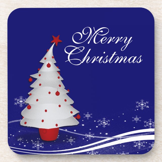 Cartoon White Christmas Tree Christmas Drink Coaster (Front)