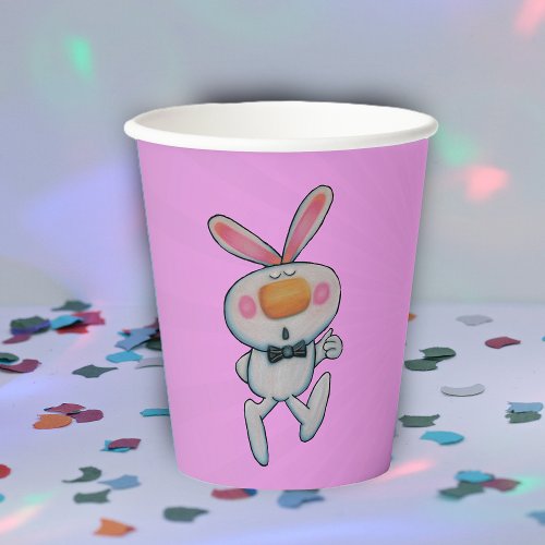 Cartoon White Rabbit Thumbs Up Orange Nose on Pink Paper Cups