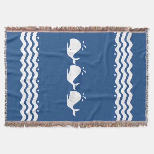 Cartoon White WHALE on medium blue Throw Blanket