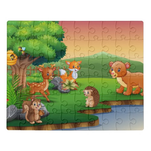 Cartoon Wildlife Animals Hedgehog Deer Fox by Rive Jigsaw Puzzle