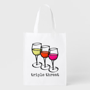 Cartoon Wine Glasses Triple Threat Funny Winery Reusable Grocery Bag