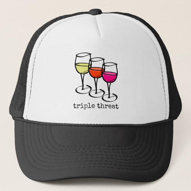 Cartoon Wine Glasses Triple Threat Funny Winery Trucker Hat (Front)
