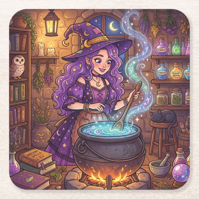 Cartoon Witch Making Love Potion Square Paper Coaster (Front)