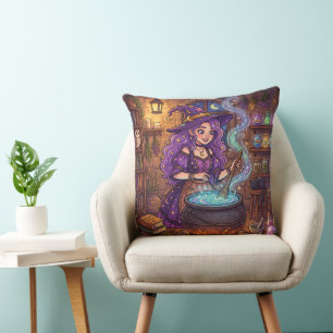 Cartoon Witch Making Love Potion Throw Pillow