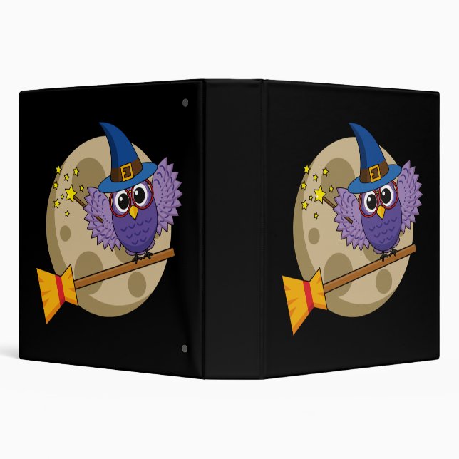 Cartoon Wizard Owl Flying on Broom 3 Ring Binder (Background)