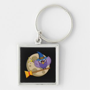 Cartoon Wizard Owl Flying on Broom Keychain