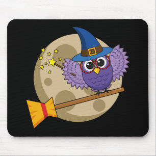 Cartoon Wizard Owl Flying on Broom Mouse Pad