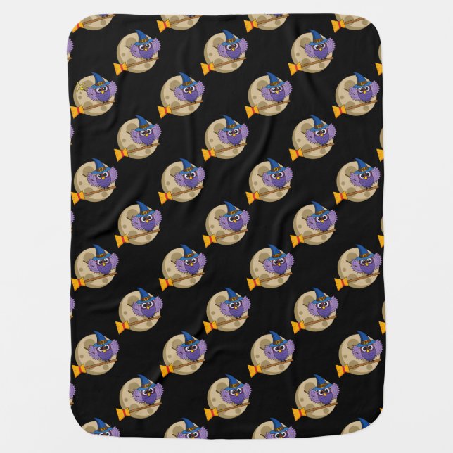 Cartoon Wizard Owl Flying on Broom Pattern Baby Blanket (Front)