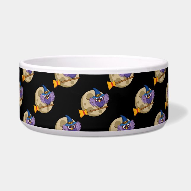 Cartoon Wizard Owl Flying on Broom Pattern Bowl (Front)