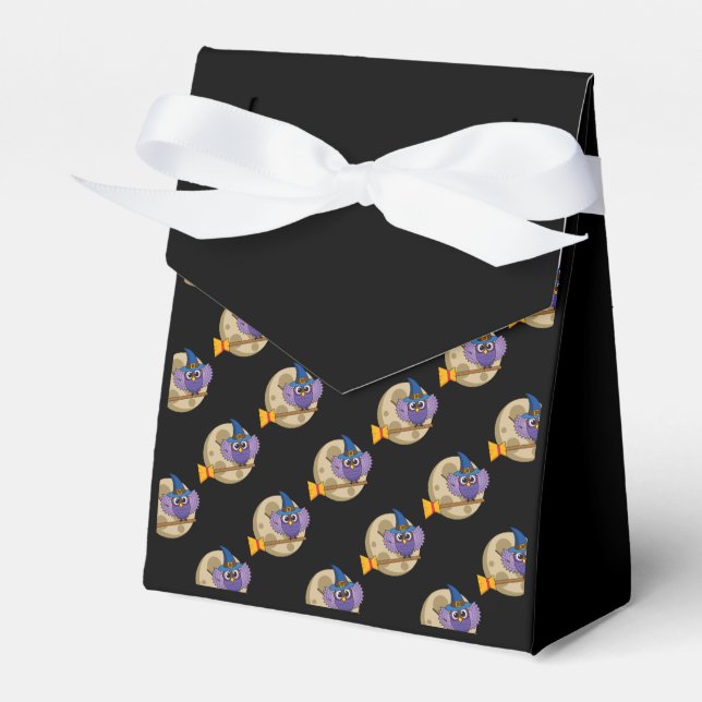 Cartoon Wizard Owl Flying on Broom Pattern Favor Boxes (Front Side)