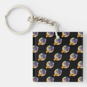 Cartoon Wizard Owl Flying on Broom Pattern Keychain