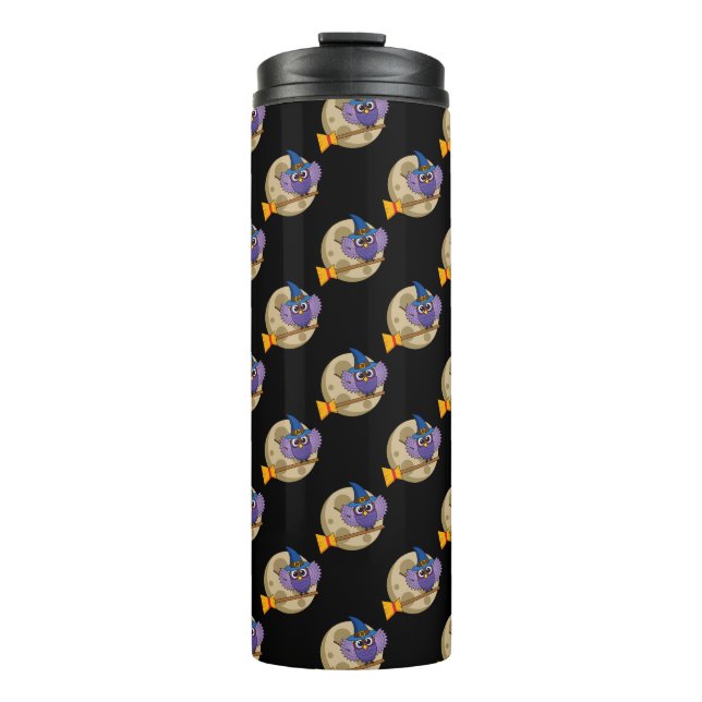 Cartoon Wizard Owl Flying on Broom Pattern Thermal Tumbler (Front)