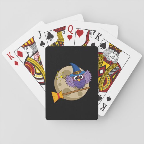Cartoon Wizard Owl Flying on Broom Playing Cards