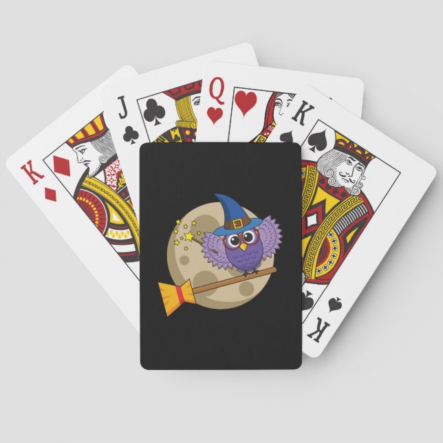 Cartoon Wizard Owl Flying on Broom Poker Cards (Back)