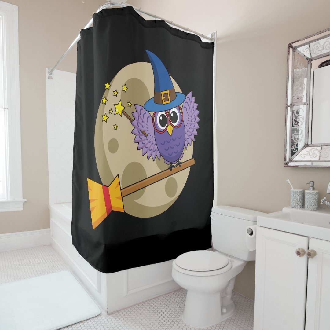Cartoon Wizard Owl Flying on Broom Shower Curtain Zazzle