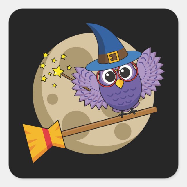 Cartoon Wizard Owl Flying on Broom Square Sticker (Front)