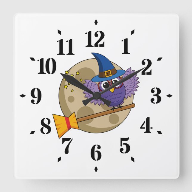 Cartoon Wizard Owl Flying on Broom Square Wall Clock (Front)