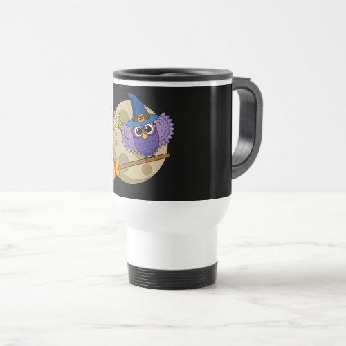 Cartoon Wizard Owl Flying on Broom Travel Mug