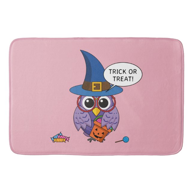 Cartoon Wizard Owl - Trick or Treat Bath Mat (Front)