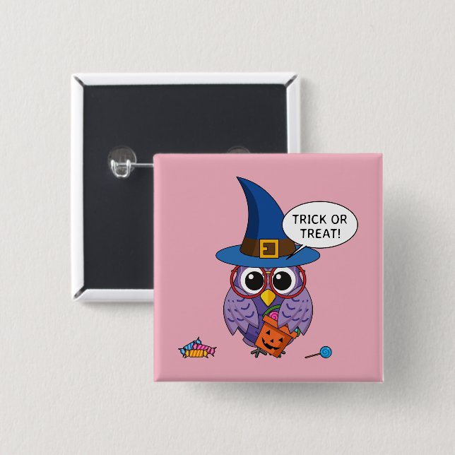 Cartoon Wizard Owl - Trick or Treat Button (Front & Back)