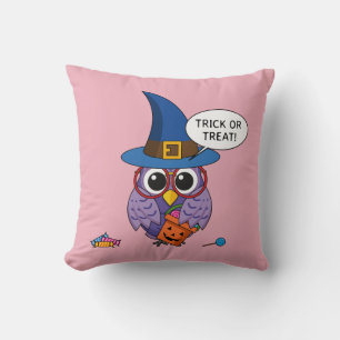 Cartoon Wizard Owl - Trick or Treat Throw Pillow