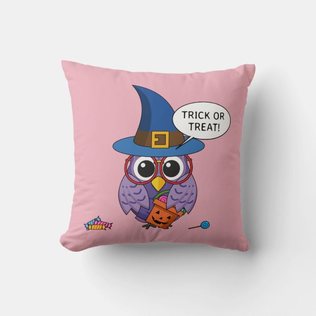 Cartoon Wizard Owl - Trick or Treat Throw Pillow (Front)