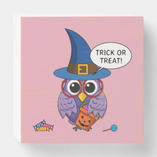 Cartoon Wizard Owl - Trick or Treat Wooden Box Sign