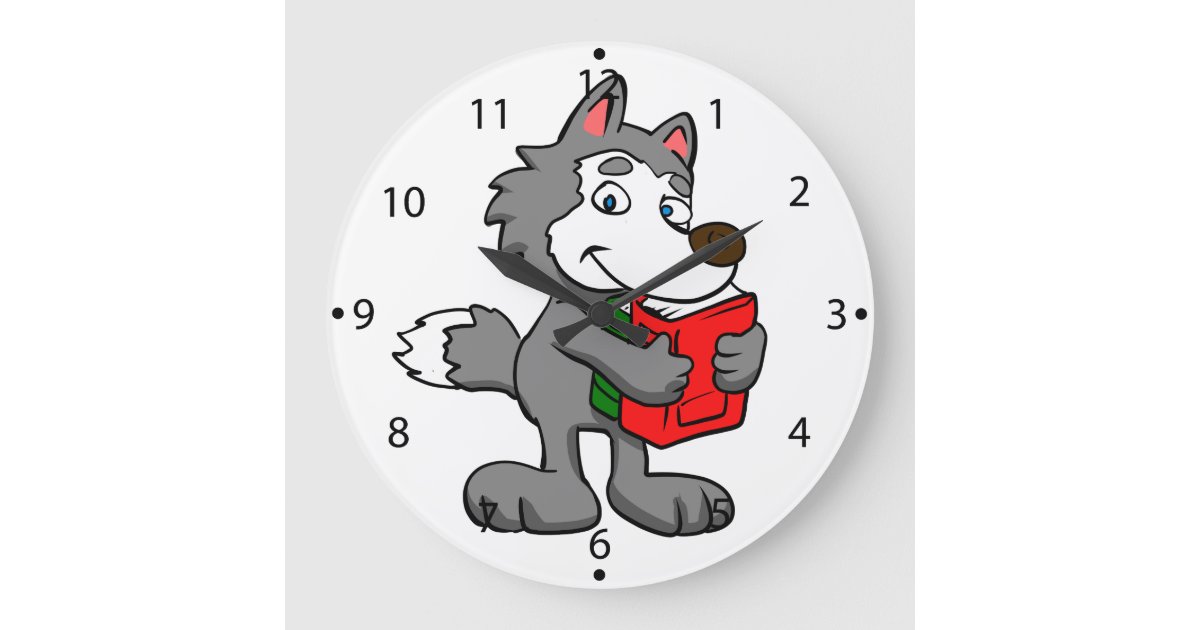Cartoon wolf holding books large clock