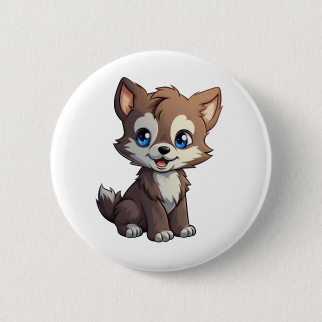 Cartoon wolf illustration button (Front)