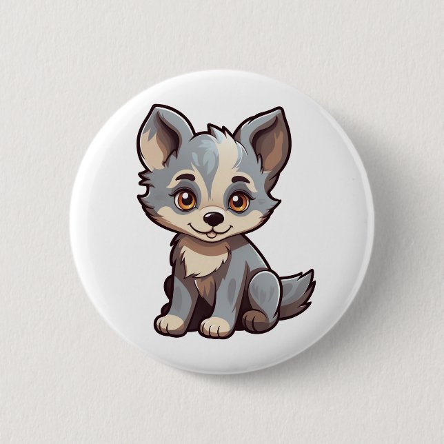 Cartoon wolf illustration button (Front)