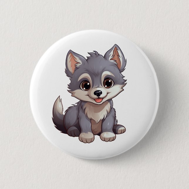Cartoon wolf illustration button (Front)