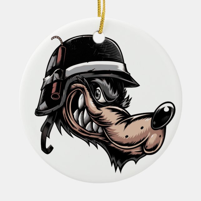Cartoon wolf with a dynamite on his German helmet Ceramic Ornament (Front)