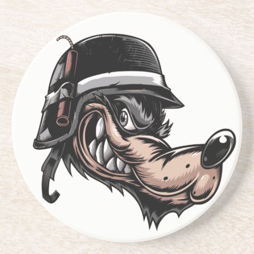 Cartoon wolf with a dynamite on his German helmet Coaster