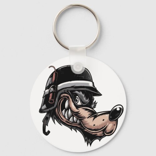 Cartoon wolf with a dynamite on his German helmet Keychain