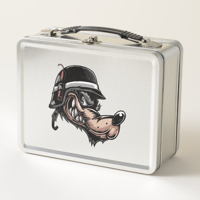 Cartoon wolf with a dynamite on his German helmet Metal Lunch Box (Front)