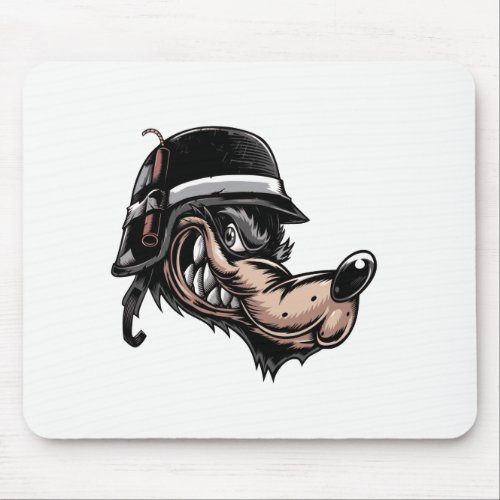 Cartoon wolf with a dynamite on his German helmet Mouse Pad