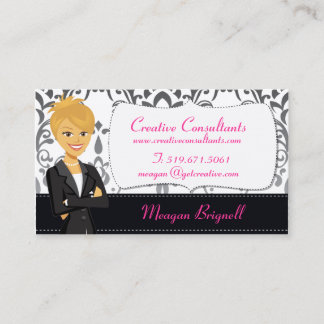 Cartoon Woman Character Damask Business Cards