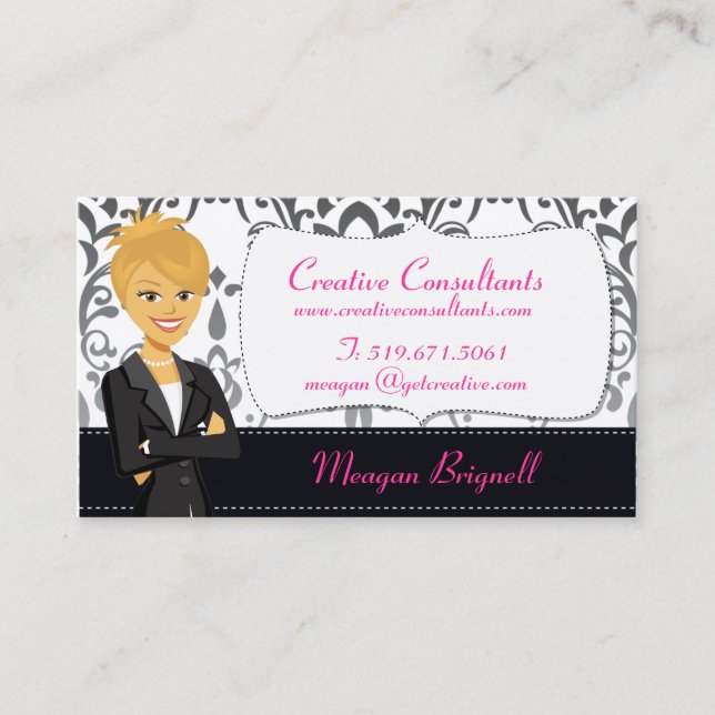 Cartoon Woman Character Damask Business Cards (Front)