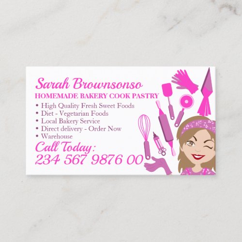 Cartoon Woman Chef Pink Bakery Cake Pastry Cooking Business Card