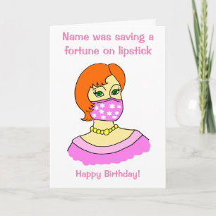Cartoon Woman Face Mask Lipstick Red Birthday Card